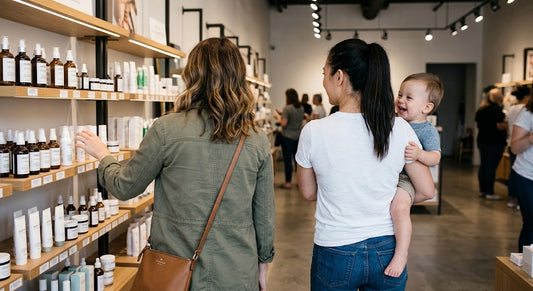 Two female friends with their backs to the camera browsing skincare products on shelves in a store, with one friend holding a smiling toddler
