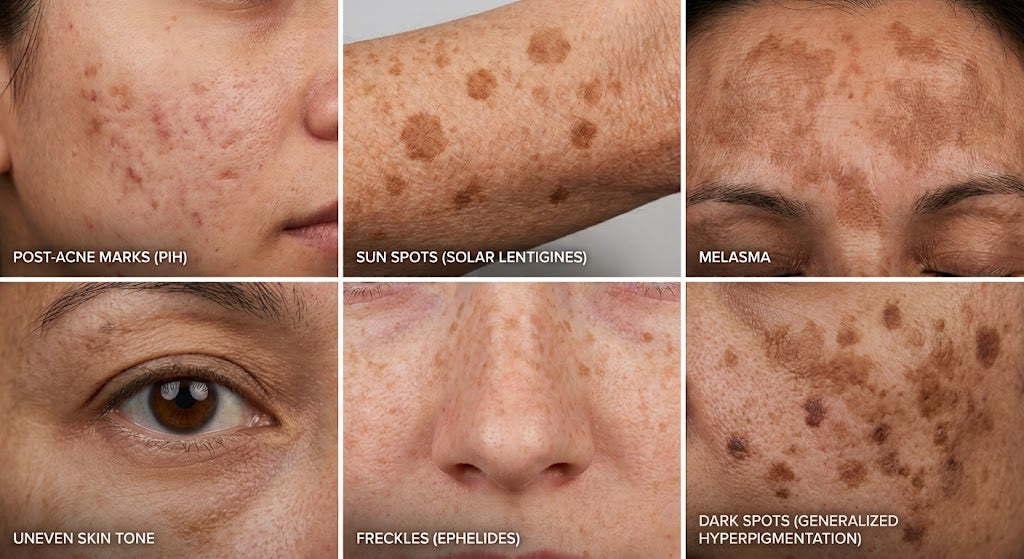 skin pigmentation types. Top row: post-acne marks (PIH), sun spots (solar lentigines), melasma on forehead. Bottom row: uneven skin tone under eye, freckles on nose, and generalized hyperpigmentation (dark spots) on cheek. 