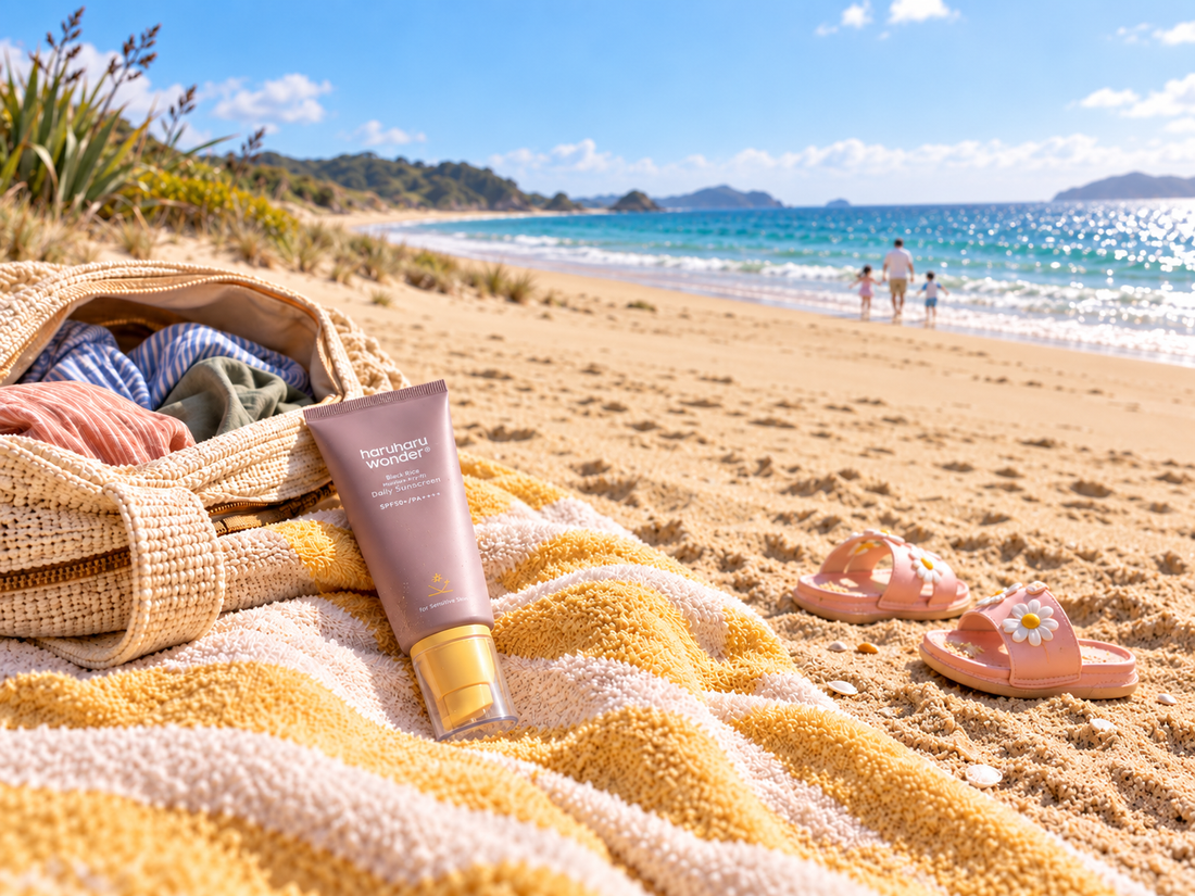 HaruHaru Wonder sunscreen on a striped beach towel beside an open woven bag and kids’ sandals, with a father and two children walking near the ocean in the distance on a sunny beach with harakeke along the dunes.