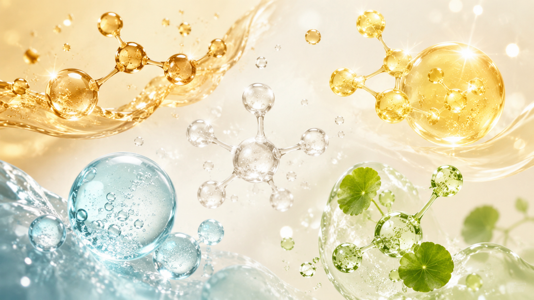 Korean skincare ingredient guide featuring serum textures and botanical actives