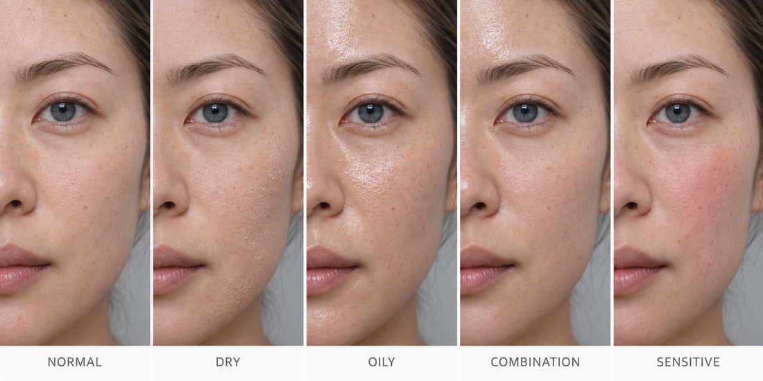 Close-up half-face photo grid illustrating normal, dry, oily, combination and sensitive skin with natural skin texture