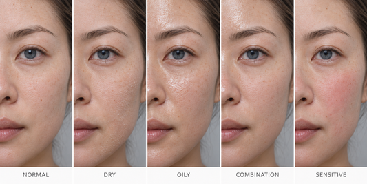 Close-up half-face photo grid illustrating normal, dry, oily, combination and sensitive skin with natural skin texture