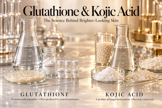 Glutathione and kojic acid in laboratory glassware, with amino-acid samples and rice koji, photographed in elegant champagne-gold tones