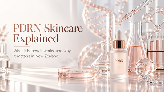 PDRN skincare explained with laboratory glassware, DNA helix and scientific PDRN serum research setting