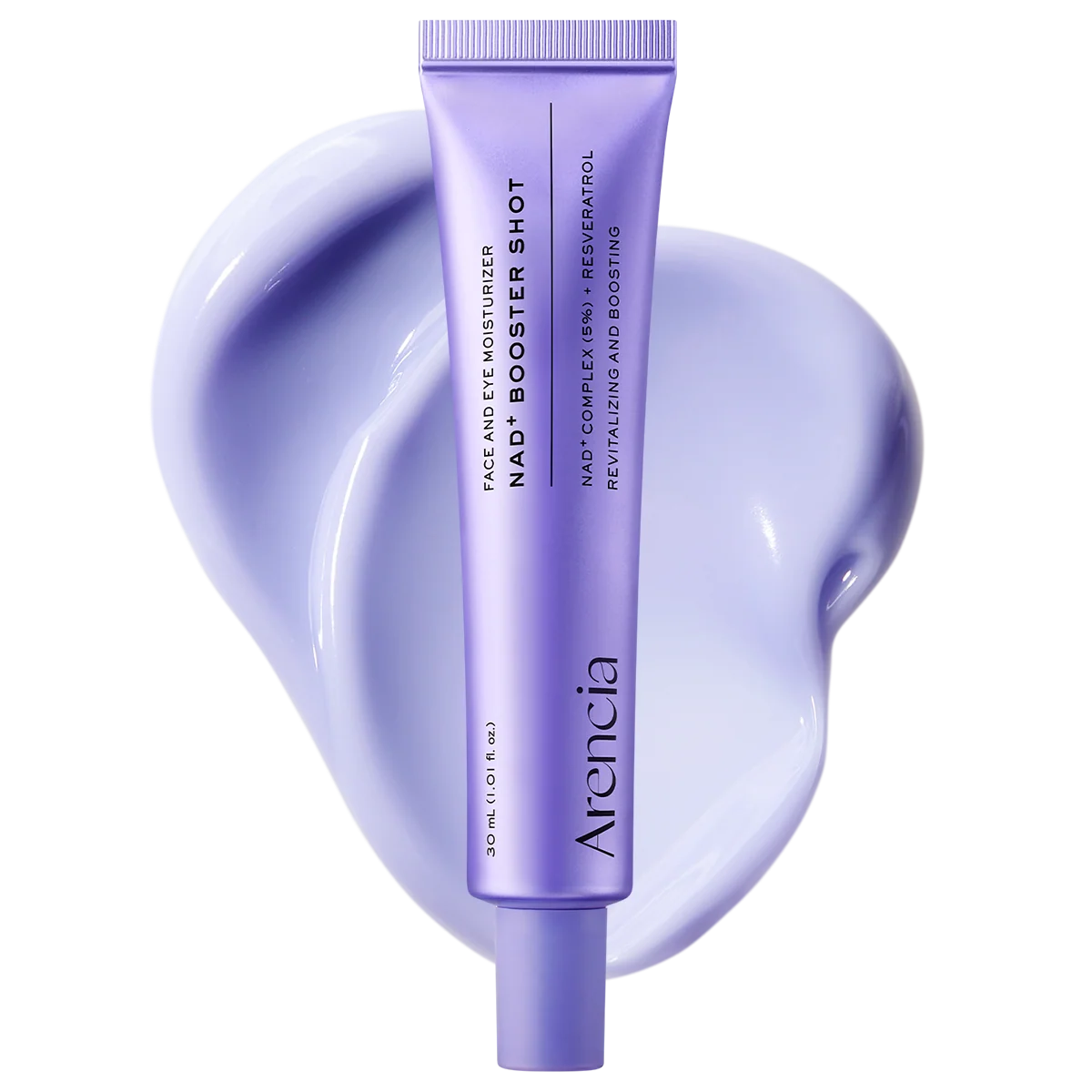 A lavender purple tube of Arencia NAD+ Booster Shot face and eye moisturizer, centered against a stylized, glossy lavender cream smear on a white background.