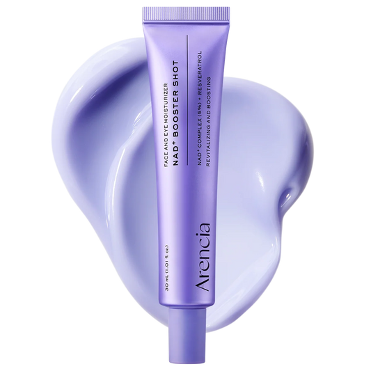 A lavender purple tube of Arencia NAD+ Booster Shot face and eye moisturizer, centered against a stylized, glossy lavender cream smear on a white background.
